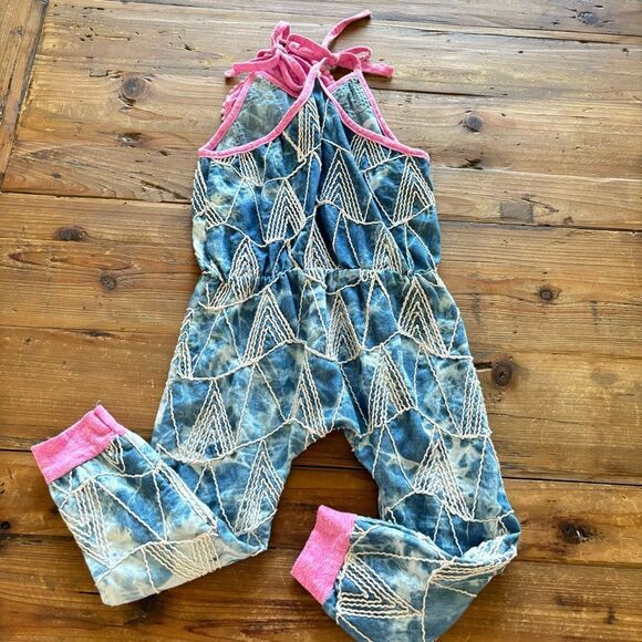 Miki Mietti Romper Jumpsuit Blue Tie Dye Geometric Pink Accents Size 3T - Picture 8 of 10